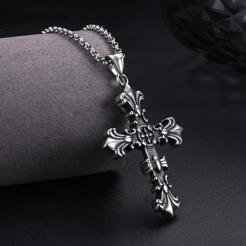 Men's Antique Silver Stainless Steel Rhinestone Cross Necklace - Glitter Cross Pendant, Fashion Pendants, Decorative Chain Necklace, Hip Hop & Bohemian Style, Gift Box Included, Birthday Gift for Men, Chain Necklaces, Decorative Necklace
