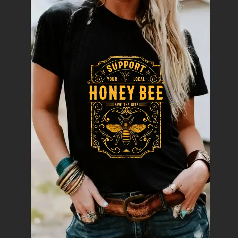 Women's Vintage Honey Bee Graphic T-shirt, Casual Short-Sleeve Round Neck Sporty Chic Streetwear for Summer, Shortsleeve, Tshirt, Top, Tops, Vintage Bee, Custom Print