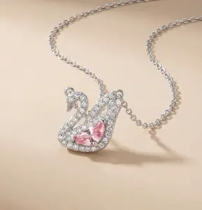 Elegant Swan Jewelry Set – Pink Crystal Necklace & Bracelet, Silver Alloy, Graceful Design, Sparkling Stones, Romantic Gift