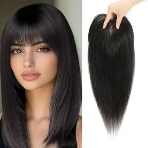Human Hair Toppers for Women Real Human Hair with Bangs Thin 9* 14CM Silk Base with Lace Clip in Straight Remy Hairpieces 150% Density 12 Inch Dark Brown