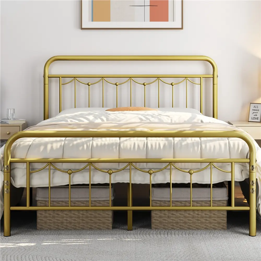 Yaheetech Antique Gold Queen Size Bedroom Decor Furniture Bed Frame - Elegant Classic Curved Vintage Headboard & Footboard, Heavy-Duty Steel Slat Support, Ample Under-Bed Storage, No Box Spring Needed