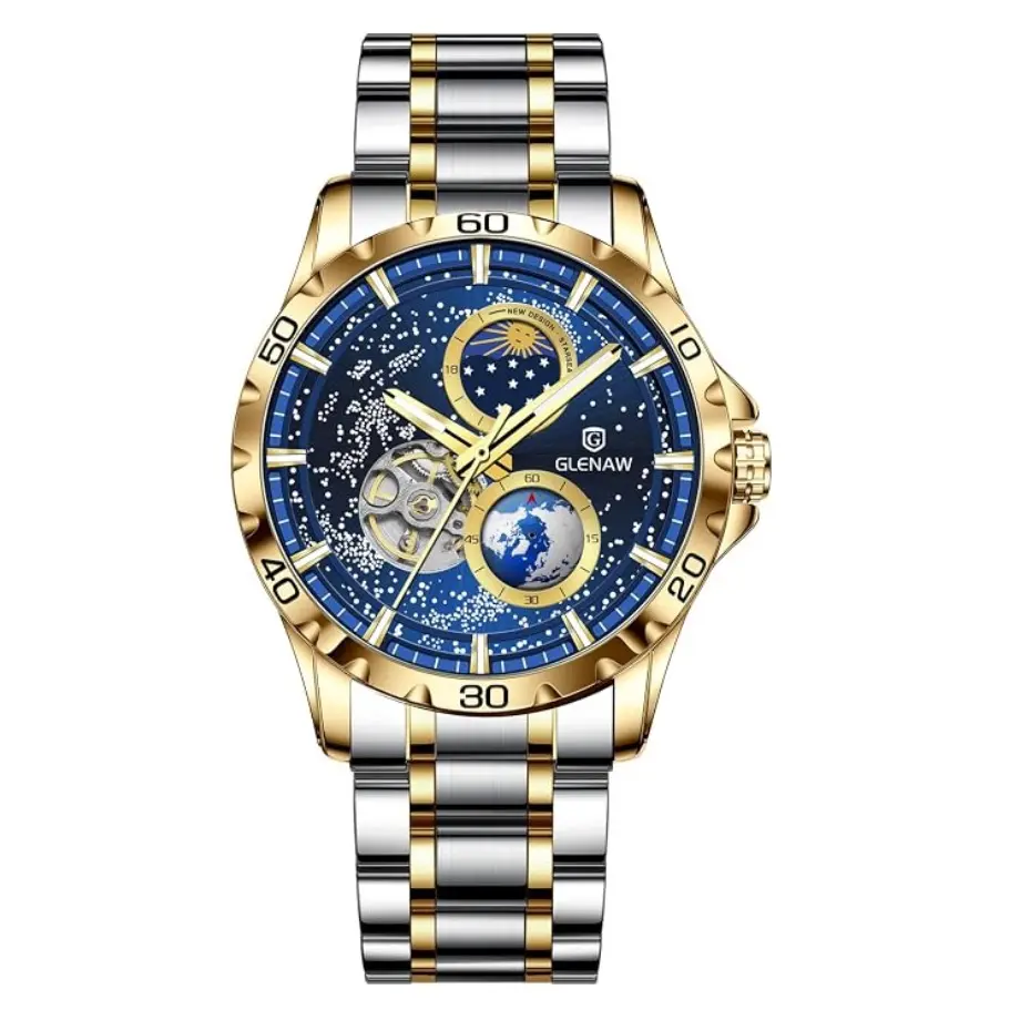 Men's Automatic Self-Winding Mechanical Watch - 43mm Alloy Case, 2-Tone Gold-Steel Band, Starry Sky Dial, Rotating Earth Sun Moon Day-Night Display, 3ATM Waterproof Chronograph Business Wrist Watch Gift For Him