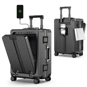 Airline Approved Carry On Luggage with Spinner Wheels Wide Handle Aluminum Framed Carry On Suitcase with Front Open Laptop Compartment Cup Holder with USB Charging Port 22x14x9 inch Large Checked-in Luggage
