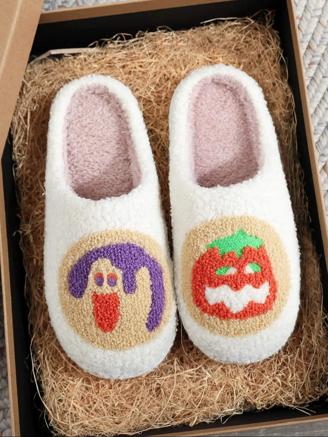 Vintage Halloween Cookie Embroidered Plush Slippers for Men and Women, Soft Comfortable House Shoes for Fall and Winter, spooky season Perfect Gift for Halloween Relaxation