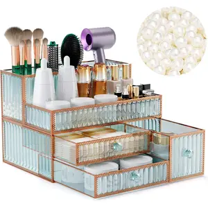 Youdepot Makeup Organizer Countertop - Tempered Glass Vanity Organizer for Cosmetics, Skincare, Hair Tools, Brushes, Perfume - Multipurpose Bathroom Counter Skincare Organizer
