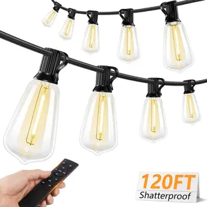 LED Outdoor String Lights with Remote, Patio Lights Outdoor Waterproof Shatterproof ST38 LED Bulbs, Dimmable Outside Hanging Light for Porch, Garden, Backyard, Cafe, 2700K