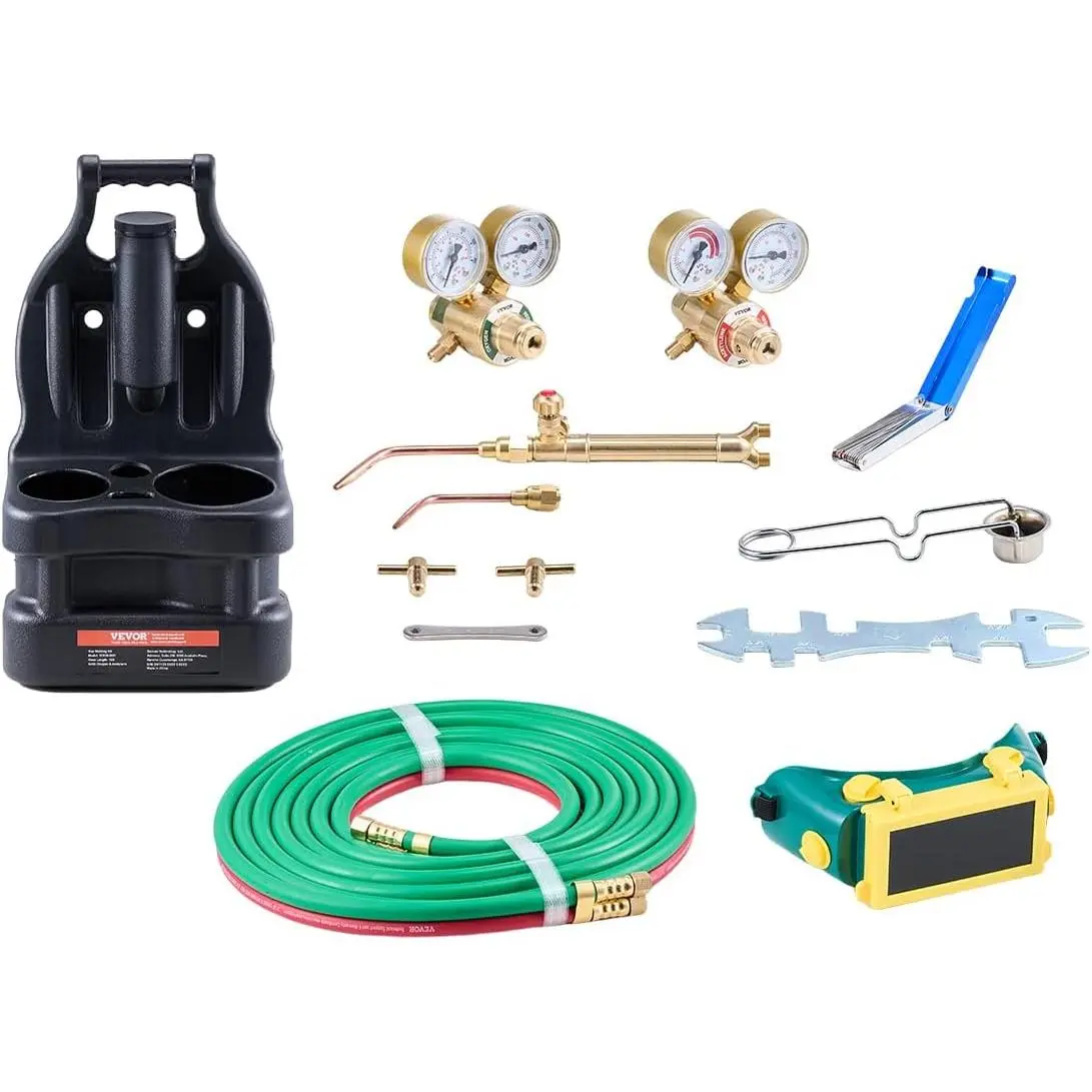 VEVOR  Oxygen Acetylene Torch Kit, Gas Welding Torch Kit, 14PCS Portable Oxy Acetylene Brazing Set with 177'' Twin-Hose, 2 Welding Tips, Torch, 2 Regulators, Cylinder Holder (without Cylinder)