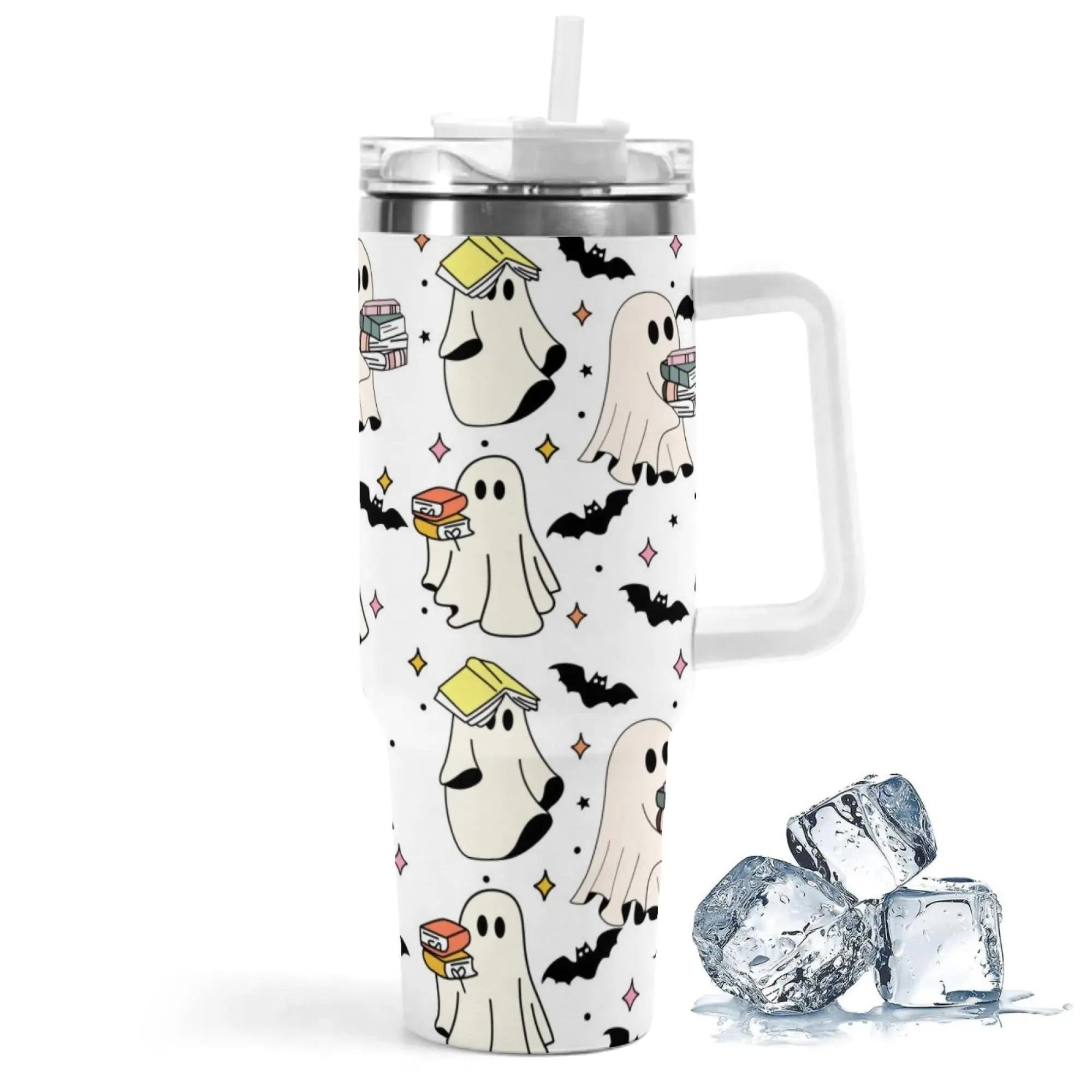 Halloween Ghost Reading Book 40oz Tumbler with Handle and Straw, Stainless Steel Thermos mug Coffee Cup Travel Mug-spirit halloween cup for book lover Drinkware Flasks