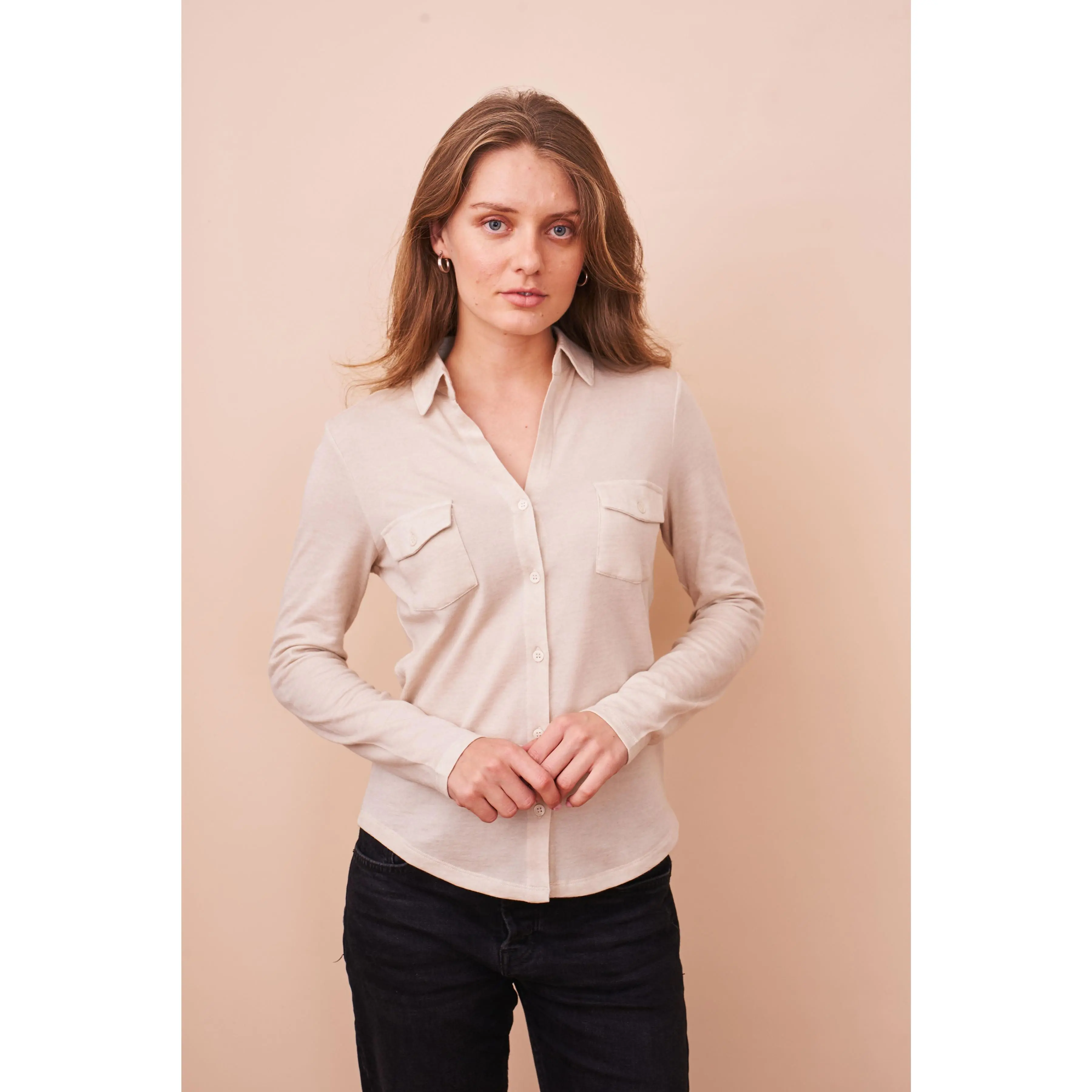 Cotton Cashmere Double Face Long Sleeve Pocket Shirt in Greige