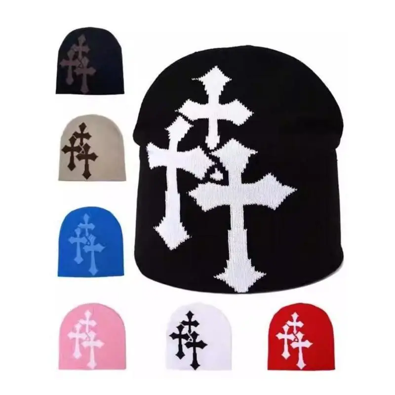 Unisex Y2K Jacquard Beanie Hat with Cross Design, Vintage Street Style for Outdoor Sports, Travel, and Daily Wear in Fall and Winter