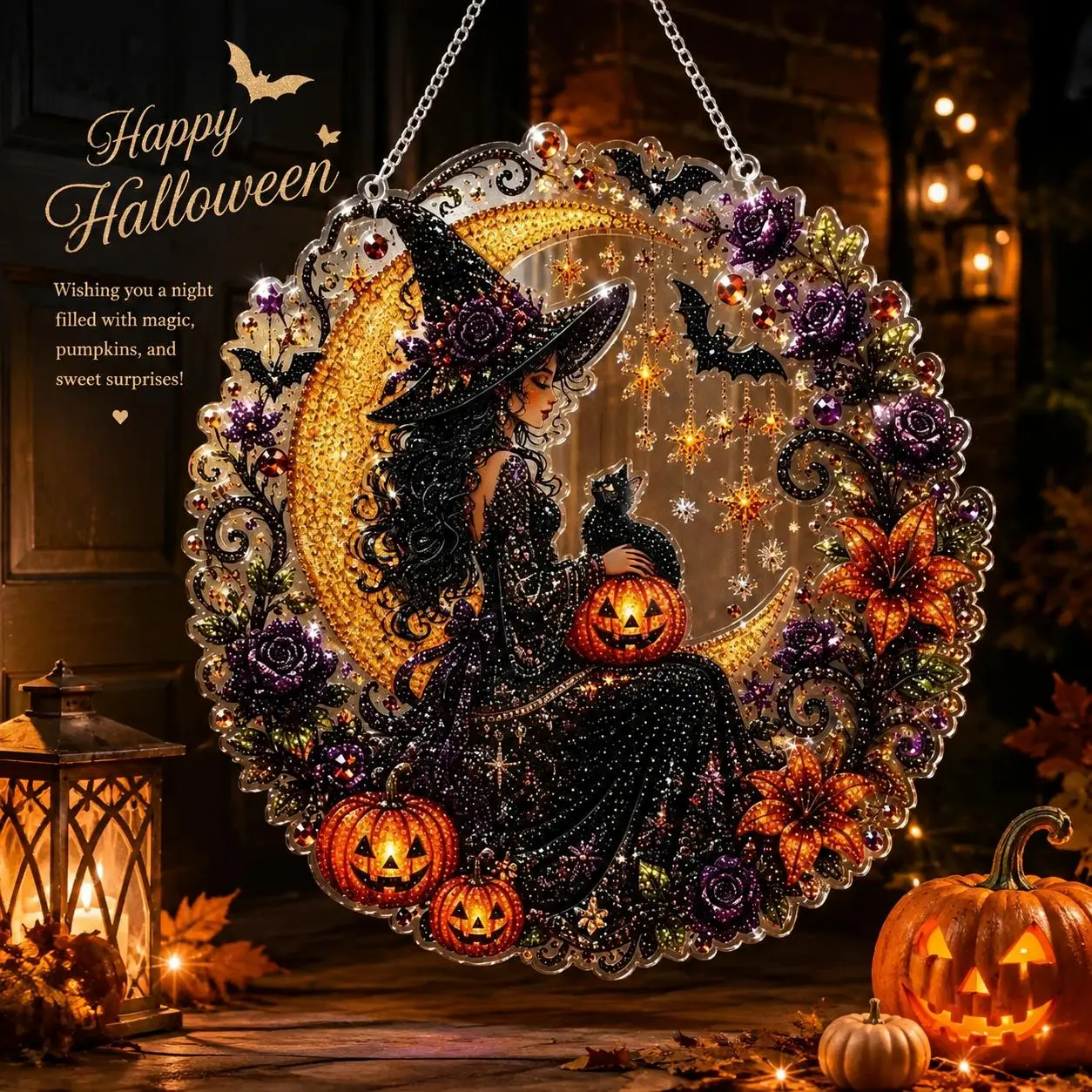9.8in Halloween Diamond Painting Hanging Suncatcher Kit, Witch‑Black Cat‑Happy Halloween‑Ghost Reading‑Pumpkin Designs, Acrylic DIY Rhinestone Art Ornament, Home Decor Gift for Kids Adults
