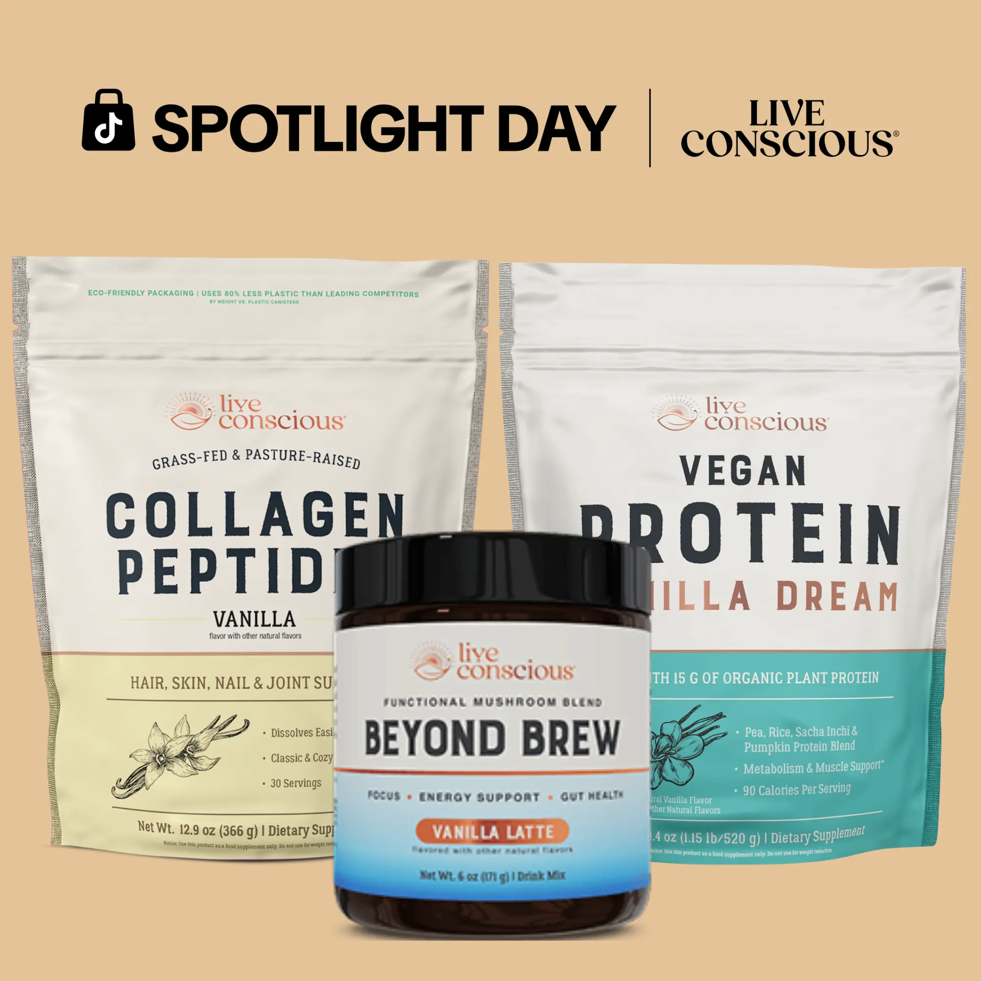Live Conscious Vanilla Lover's Dream Bundle - NEW Vanilla Collagen, Beyond Brew Vanilla Latte & Vanilla Dream Vegan Protein - Daily Dream Wellness Bundle