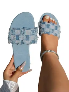 Women's Plaid Fringe Denim Flat Sandals, Open Toe Low Cut Bohemian Holiday Shoes, Summer Beach Footwear, Denim Slides