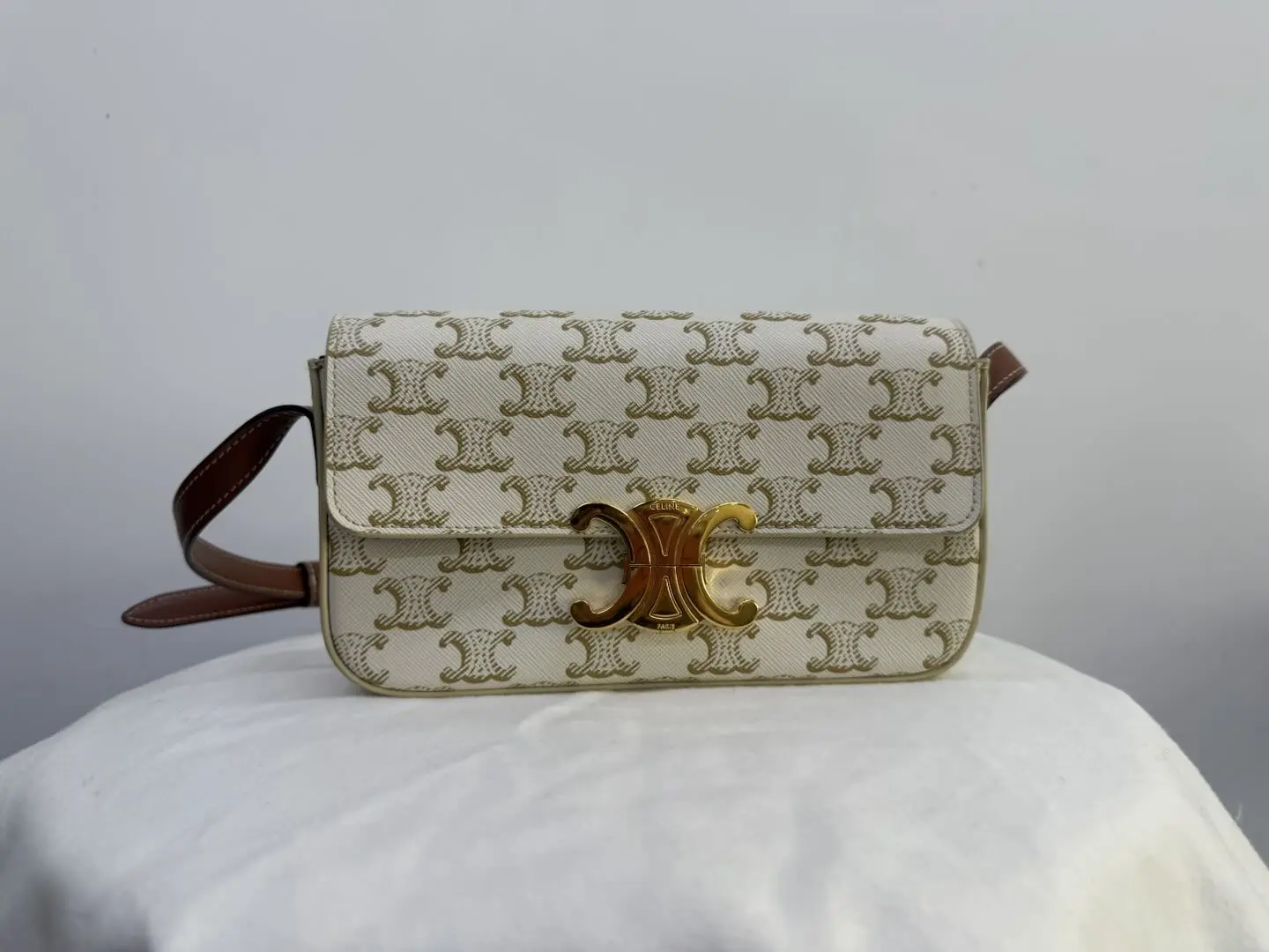 Pre-owned Celine Triomphe Shoulder Bag in White Triomphe Canvas, 2021 Production