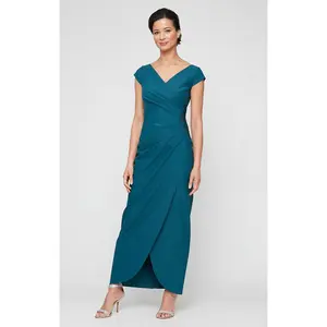 Long Cap Sleeve Compression Sheath Dress with Surplice Neckline and Hip Detail