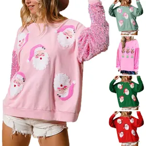 Women's Christmas Sequins Sweatshirts Glitter Patch Lightweight Crewneck Pullover Tops Sparkly Printed Cute Santa Christmas Long Sleeve Fall Winter Coat - Womenswear