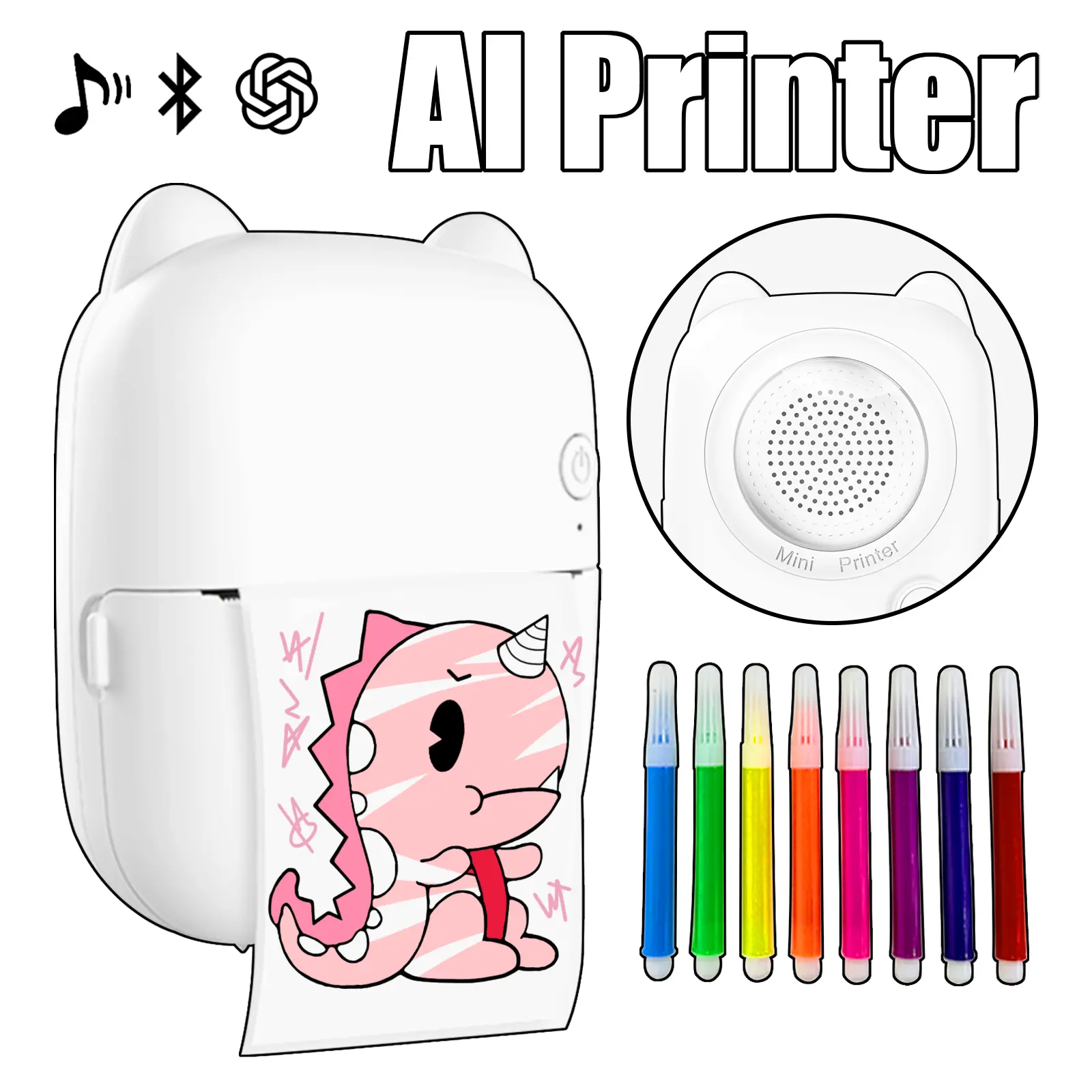 Mini Portable AI Label Maker Machine - Inkless Kids Educational Toy, Built-in ChatGPT Companion with AI Voice, APP, Regular & Adhesive Printing Paper, Type-C Cable, Watercolor Pen