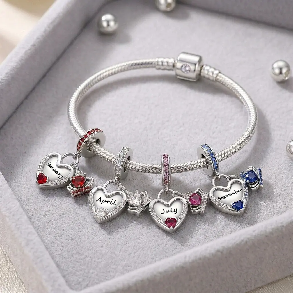 925 Silver-Plated Monthly Birthstone Charms - Set of 12 Heart Shape DIY Pendants with CZ Crown for Bracelets, Necklaces, Ideal Birthday Gift Ideas for Her