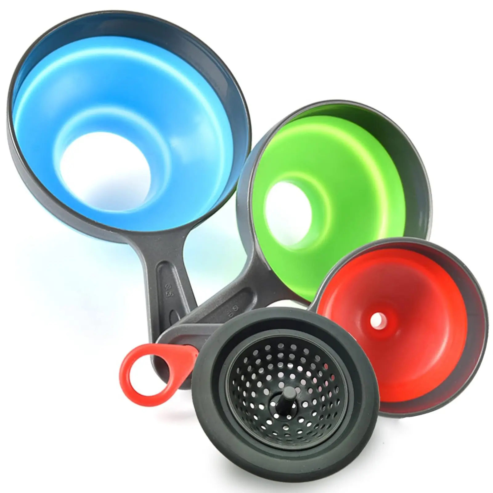 Canning Funnel with Strainer Wide Mouth Food Funnels for Kitchen Use Mason Jars Canning Supplies Kit Tools Funnels for Filling Bottles Food Grade Silicone 4 Pack Blue Green Red