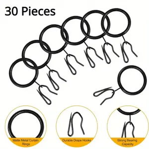 30pcs Metal Curtain Drapery Rings Curtain Rod Rings and 30 Pcs Metal Curtain Drapery Hooks Drapery Pins, 30 Mm Internal Diameter Decorative Curtain Hanging Rings for Window Door Curtain