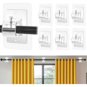 6PCS Self Adhesive Curtain Rod Holder No Drilling,No Drill Curtain Rod Brackets,Renter Friendly Draper Rod Hook,Nail Free Adjtable Non Screw Drapery Pole for Apartment Window Wall Door Ceiling Mount