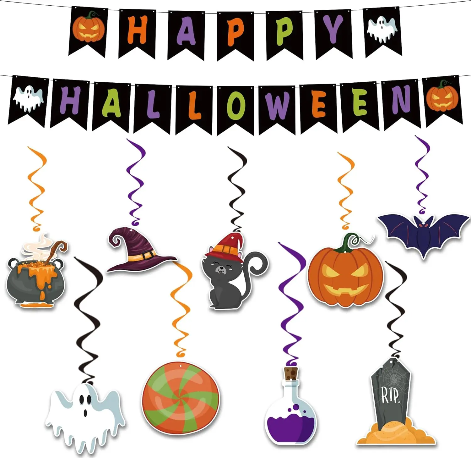 Halloween Decorations - Hanging Swirls Happy Halloween Banner | Spooky Pumpkin Ghost Bat Swirl Streamers | Halloween Party Favors Supplies Accessories for Home Wall Party Decor Outdoor Indoor