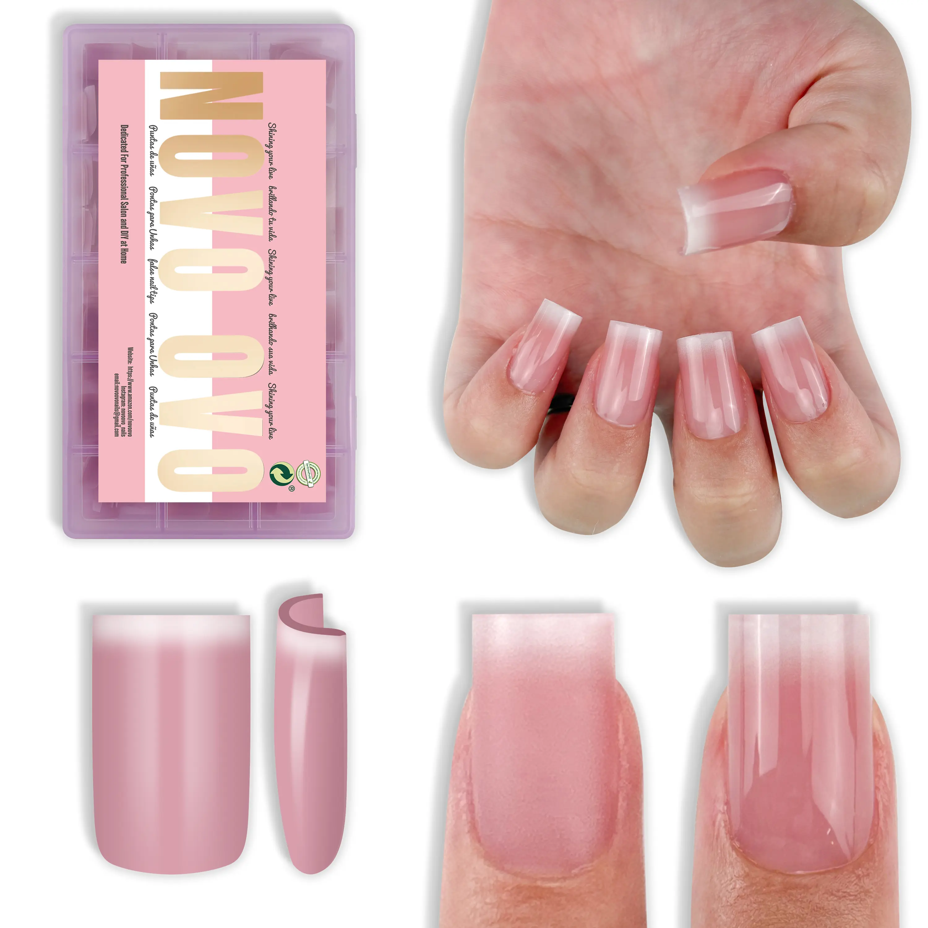 NOVO OVO Short Sharp Square White Soft French Tip Ombre Nail Tips Berry Pink , Need Builder Gel Top Coat Nail Glue,Soft Gel Fake Nail Extension, Full Cover False Nails Salon DIY x15 Sizes 240 pcs