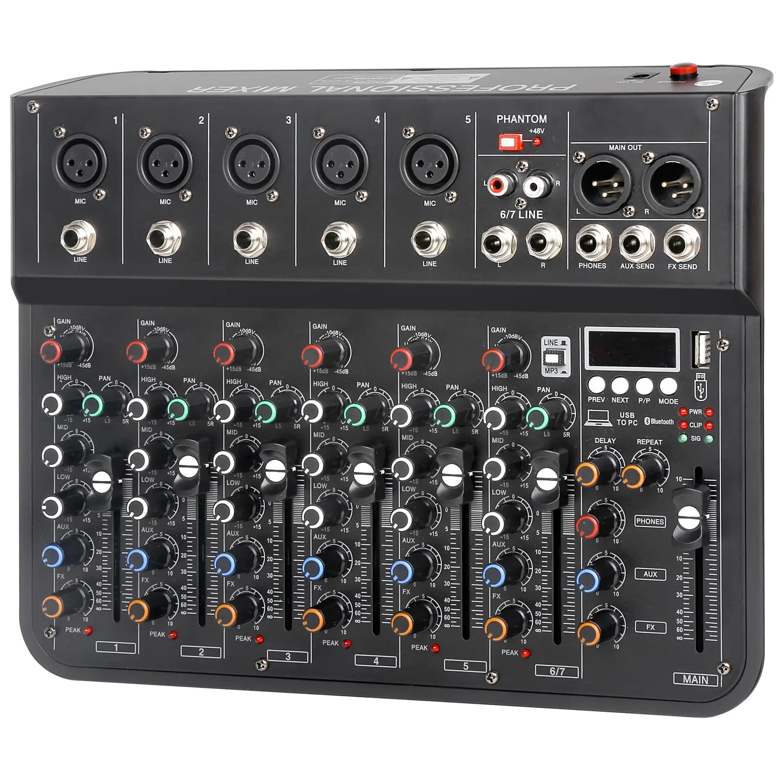 METYONLASER 7-Channel Live Audio Mixer Board - 48V Phantom Power, USB Plug, Stereo Sound Card Interface, DJ Mixer Effects, FX Reverb Delay, Equalizer Amplifier for Streaming, Recording
