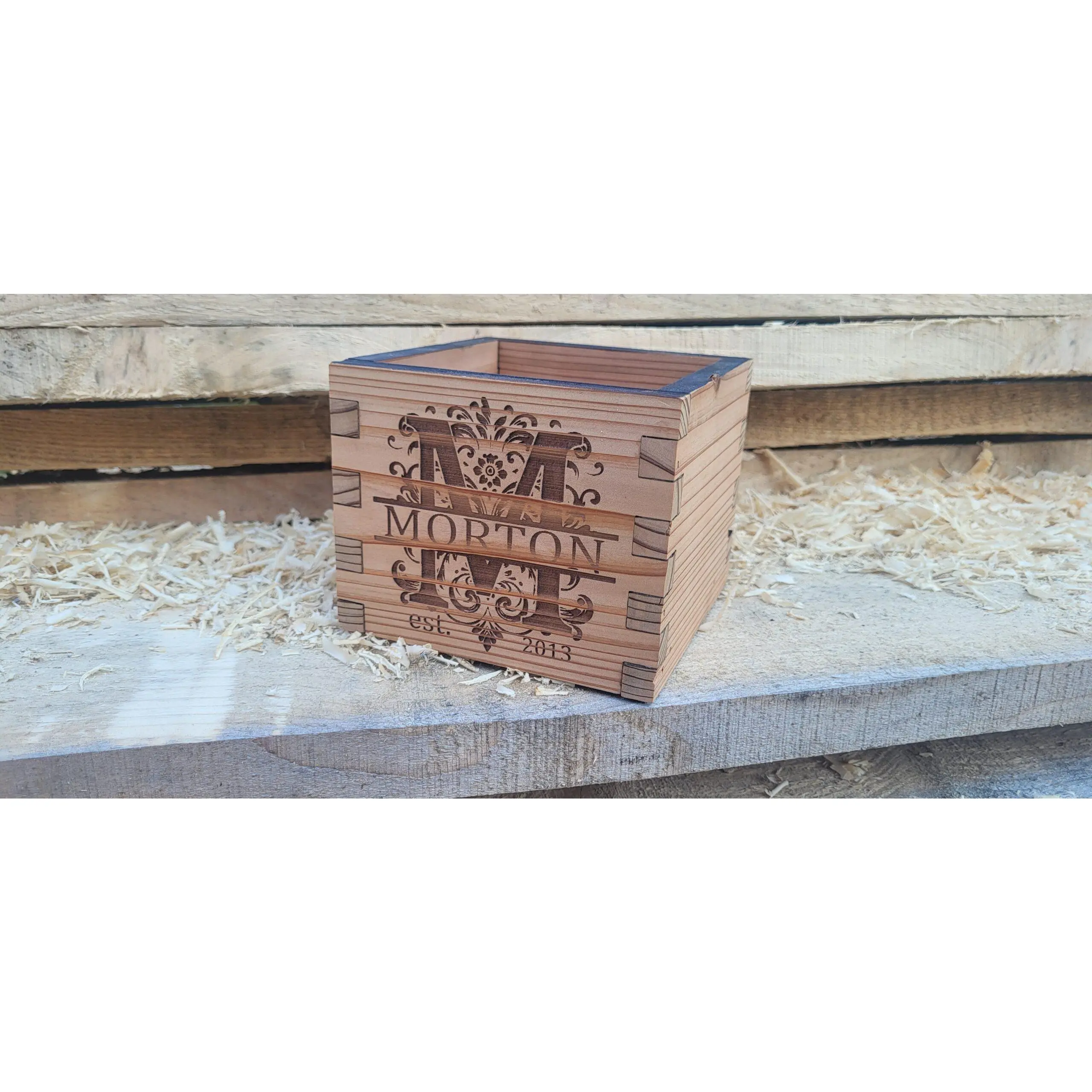 Personalized Rustic Cedar Container – Engraved Monogram with Last Name