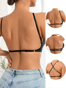 Women's Wireless Seamless Bra with Thin Padding, Lightweight Breathable Backless Design, Casual Fitted Style, All Seasons Wear, Plain Pattern, Three-Quarter Cups