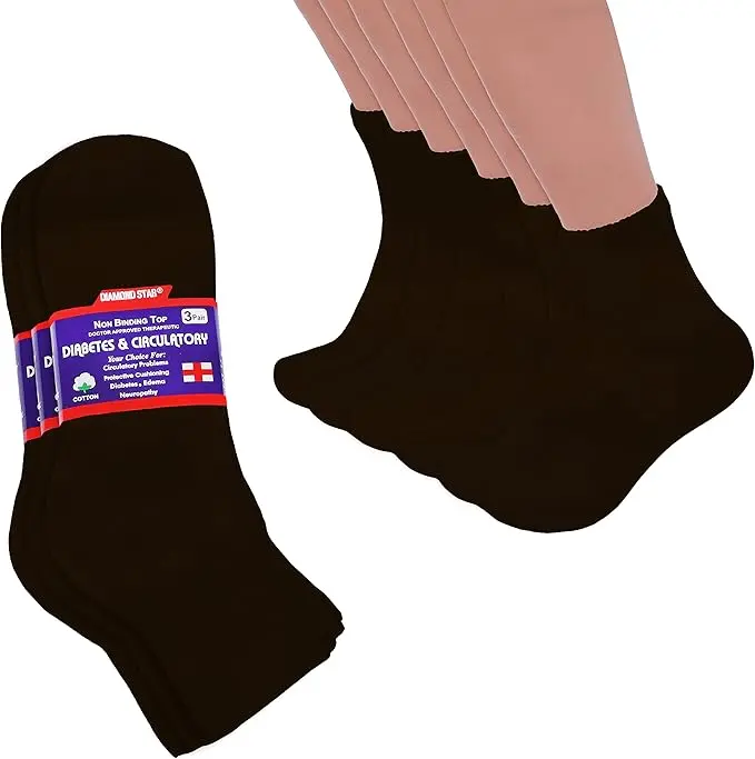 DIAMOND STAR Diabetic Ankle Socks, Non-Binding Circulatory Doctor Approved Cushion Cotton Quarter Socks for Men’s Women’s 3 Pack 9-11 Brown Big Loose