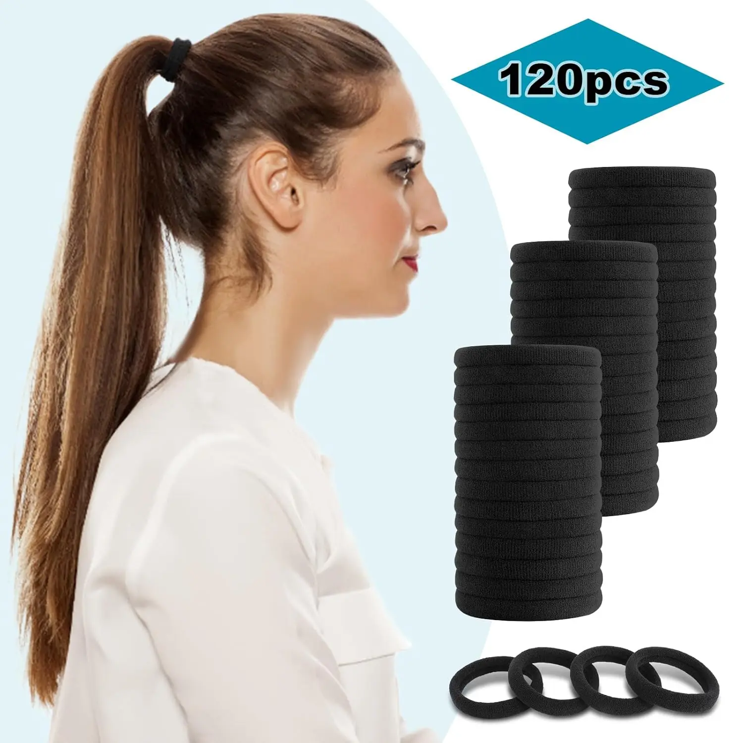 120PCS DWKFEOQ Black Hair Ties for Women Girls, Elastic Ponytail Holders, Cotton Seamless Hair Bands, No Damage for Thick Hair, 1.89 Inch in Diameter (Black)