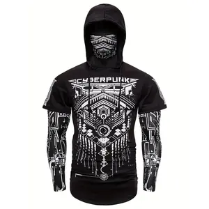 Cyberpunk style men's hooded shirt with face mask - geometric pattern, stretch polyester, machine washable - perfect for outdoor activities and Halloween, suitable for all seasons