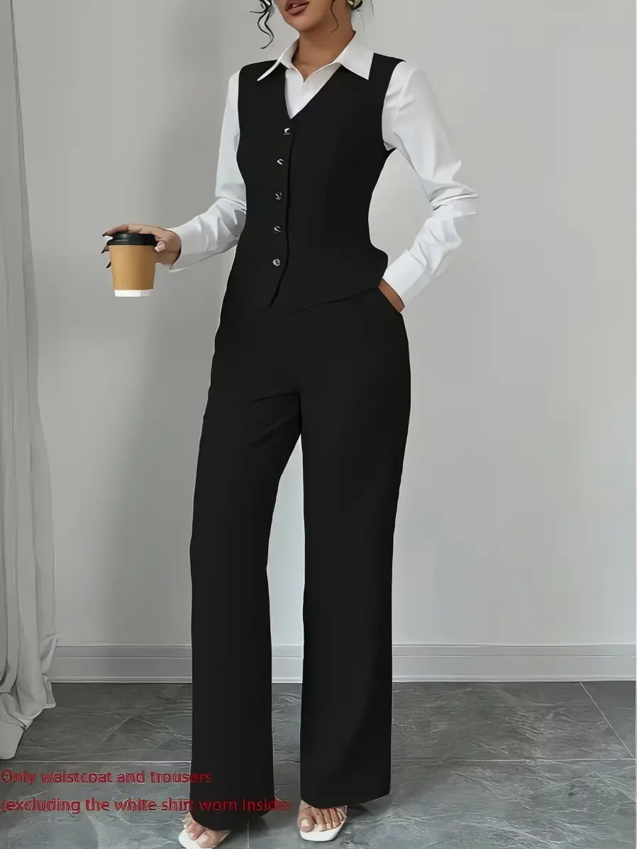 New summer women's casual elegant fashion solid-color sleeveless single-row buttoned waist vest + high-waisted wide-leg pants two-piece set