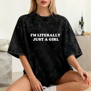 Trendy Graphic Washed T-Shirt – ‘I’m Literally Just A Girl’ Slogan Print, Soft Washed Retro Crewneck Tee for Casual Outdoor & Street Style Outfit