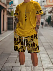 Men's Regular-Fit Summer Set, Breathable Short Sleeve T-Shirt & Knee-Length Shorts, Letter & Geometric Print, Comfortable Wear, Casual Outfit