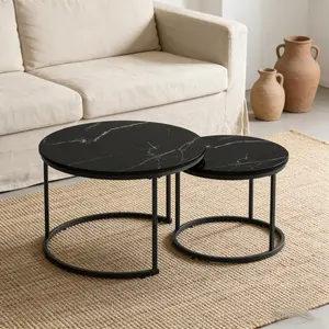 Nesting Coffee Table Set of 2 - 27.6in Round Wood Marble Pattern Top with Sturdy Metal Frame Side Tables for Living Room Bedroom Balcony Yard Home Essentials Bedroom Decor Storage Organization Apartment Accessories Home Decor Items Cute Room Stuff