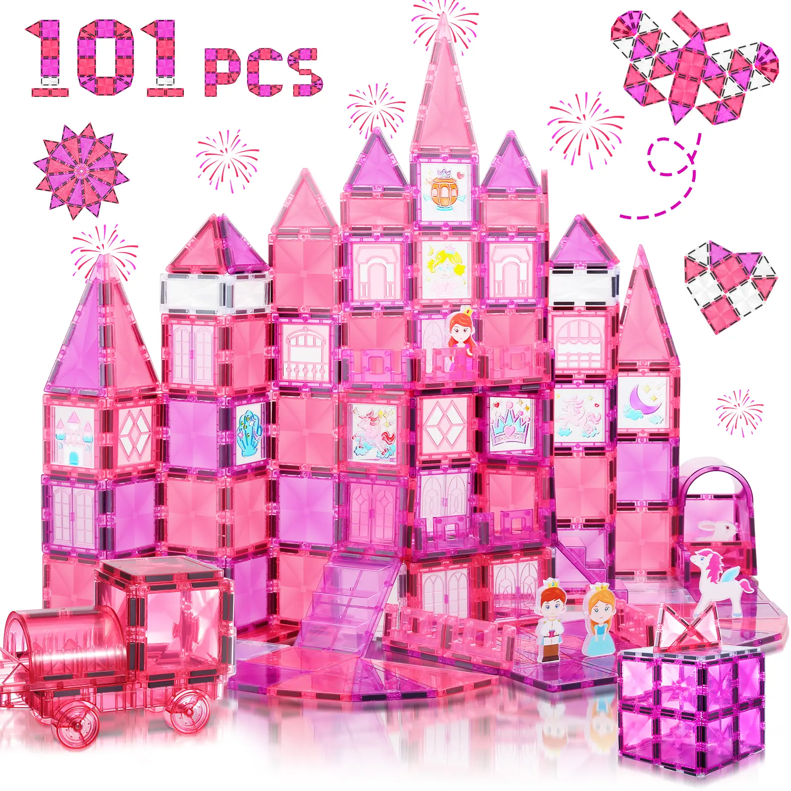ALPHA GROUP 101PCS Magnetic Tiles Set with Cars, Princess Magnetic Building Tiles for Kids Age 4-8 3-5, Toddler STEM Magnet Blocks, Kids Toys Birthday for 3 4 5 6 7 8 Year Old