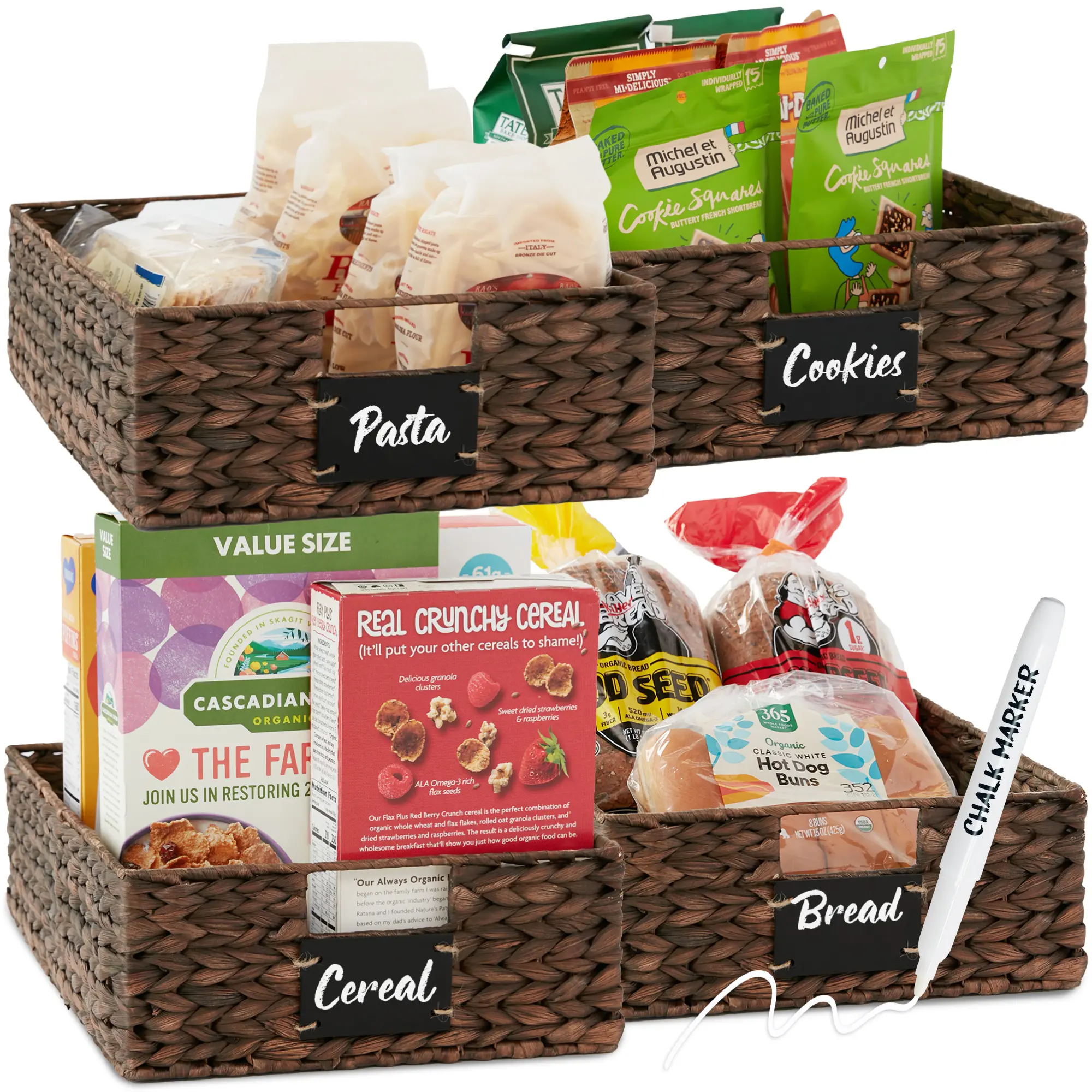 Best Choice Products Set of 4 16x12in Woven Water Hyacinth Pantry Baskets w/ Chalkboard Label, Chalk Marker
