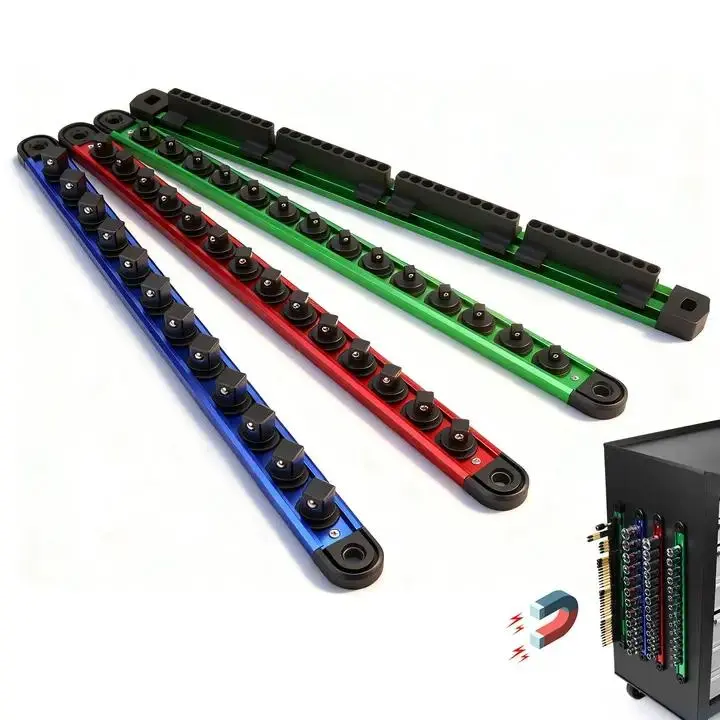 Magnetic Socket Organizer, 3/8" Drive Aluminum Alloy Socket Rail, Heavy Duty Magnetic Socket Holder with 14PC 360° Swivel Removable Clips, Magnetic Socket Rack for Tool Box Drawer, Green