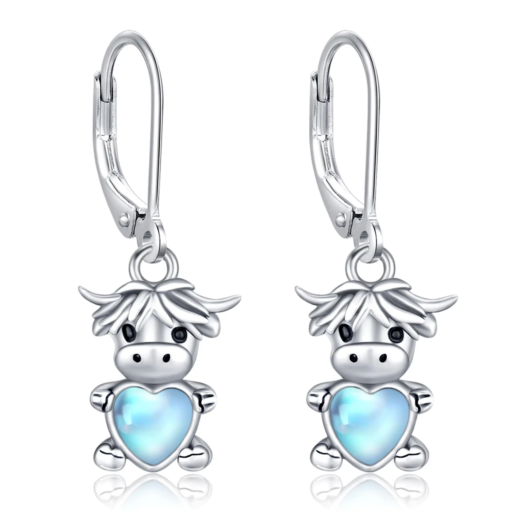 DRINSPER Highland Cow Heart Dangle Earrings, 925 Sterling Silver Jewelry with Moonstone for Women Girls, Hypoallergenic Birthday Gift, Earrings Hypoallergenic, Fashion Ear Jewelry, Hypoallergenic Earrings Set
