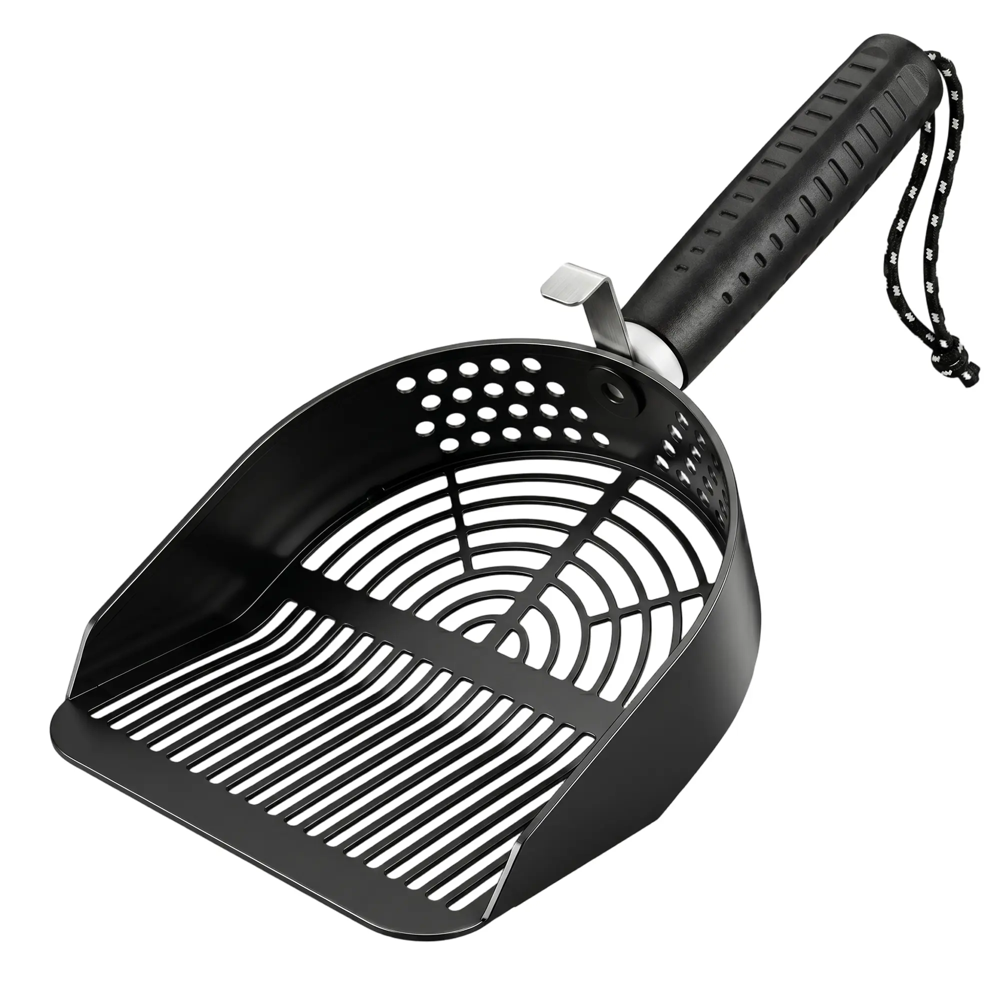 Potaroma Heavy-Duty Stainless Steel Cat Litter Scoop, One-Piece Hanging Design, Fast Sifting Flat Edge, Rust Resistant Cat Poop Scooper with Hook & Lanyard for All Cat Litter Boxes