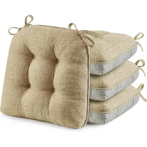 (R) Chair Cushions for Dining Chairs, Tufted Memory  Chair Pads with Non-Slip Backing, Kitchen Seat Cushions with Ties, Washable Seat Pad Set of 4, 15.5" x 15.5" x 4", Khaki