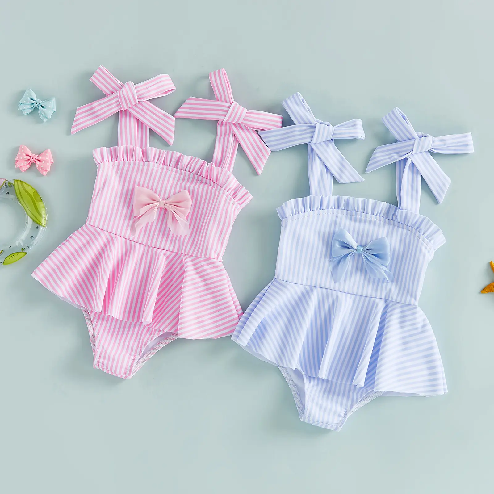 Canrulo Infant Toddler Baby Girls Swimsuit Cute Bow Stripes Print Sleeveless Tie Shoulder Bathing Suit Swimwear