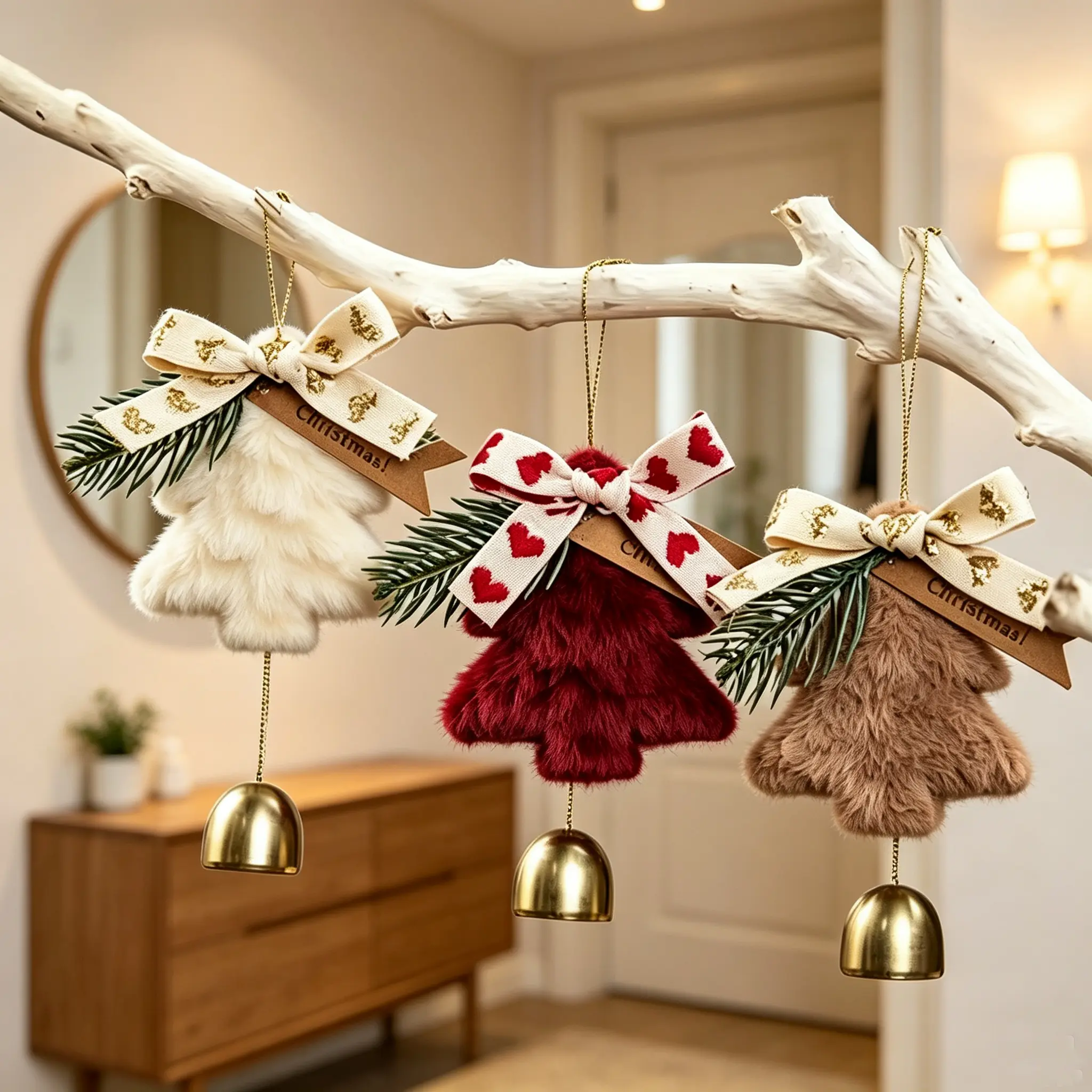 Plush Fabric Christmas Jingle Bells - 3-Color Farmhouse American Country-Style Hanging Ornament Set with Heart-Shaped Bow Tag, Suitable for Mini Tree, Wreath, Front Door - Indoor-Outdoor Holiday Home Decor