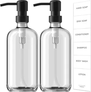 ISUN Glass Soap Dispenser with Pump, 2 Pack Clear Bathroom Hand Soap Dispenser with Stainless Steel Pump, 17 Fl Oz Refillable Kitchen Hand and Dish Soap Dispensers Set, Modern Liquid Pump Bottles