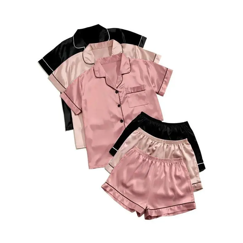Women's Solid Satin Pyjama Set, Short Sleeve Button Front Lapel Shirt & Contrast Binding Shorts PJ Set, Summer Sleepwear Set Loungewear Pajamas