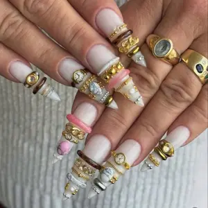 J49 Nailed by Vibe -Sculpted Ring Press-On Nails, Soft Nude Base with Gold Band Accents, Quiet Luxury Old Money Aesthetic, Modern Chic Statement Design, Premium Handmade Press-On Nail Set, Gift for Her