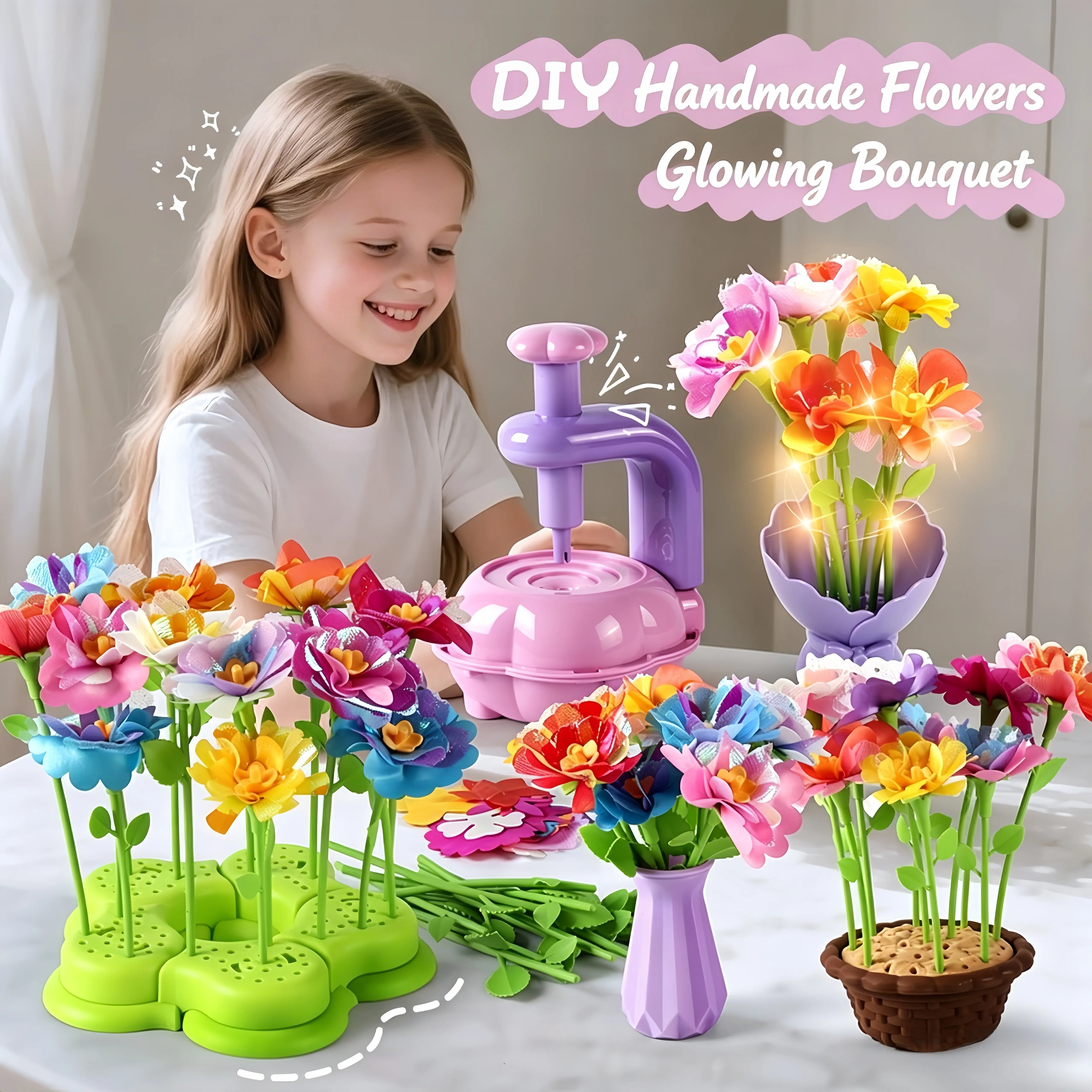 DIY Flower Bouquet Craft Kit for Kids Ages 4 8 Girl STEM Toy Press Machine with Reusable Petals Stems Glowing Flower Maker Creative Arts Crafts Educational Gift