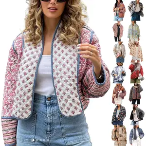 Women's Cropped Floral Quilted Jacket Cardigan Printed Lightweight Open Front Padded Puffer Coat-New Products
